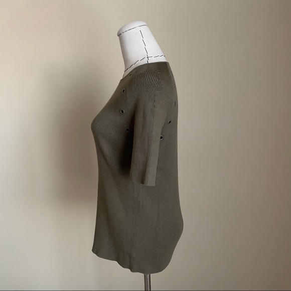 AKRIS Punto Olive Ribbed Cotton Knit Short Sleeve Tee Grommets - Picture 7 of 10